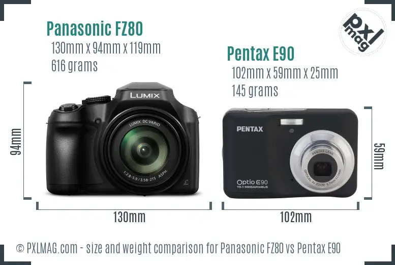 Panasonic FZ80 vs Pentax E90 size comparison
