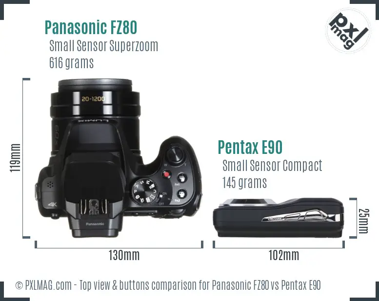 Panasonic FZ80 vs Pentax E90 top view buttons comparison