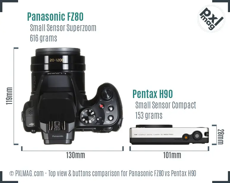 Panasonic FZ80 vs Pentax H90 top view buttons comparison