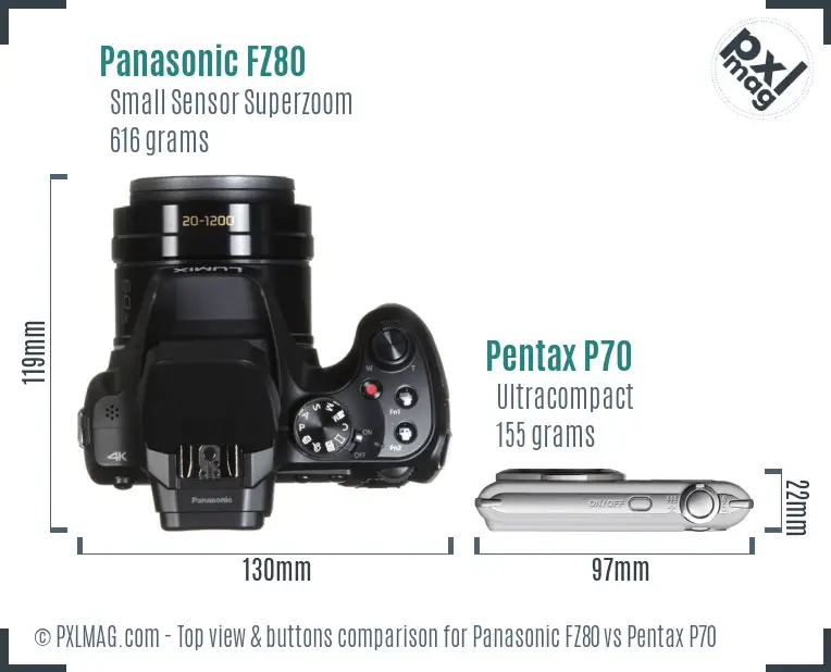 Panasonic FZ80 vs Pentax P70 top view buttons comparison