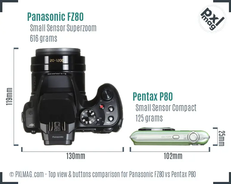 Panasonic FZ80 vs Pentax P80 top view buttons comparison