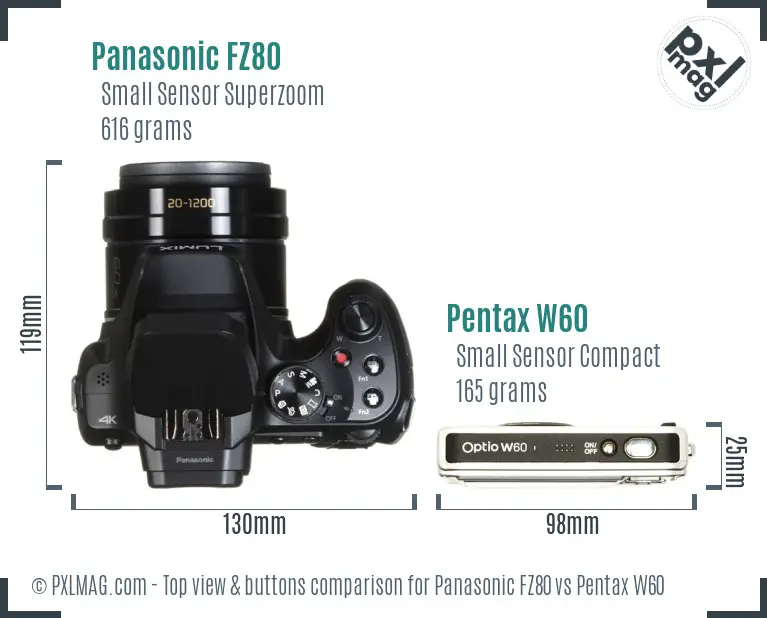 Panasonic FZ80 vs Pentax W60 top view buttons comparison