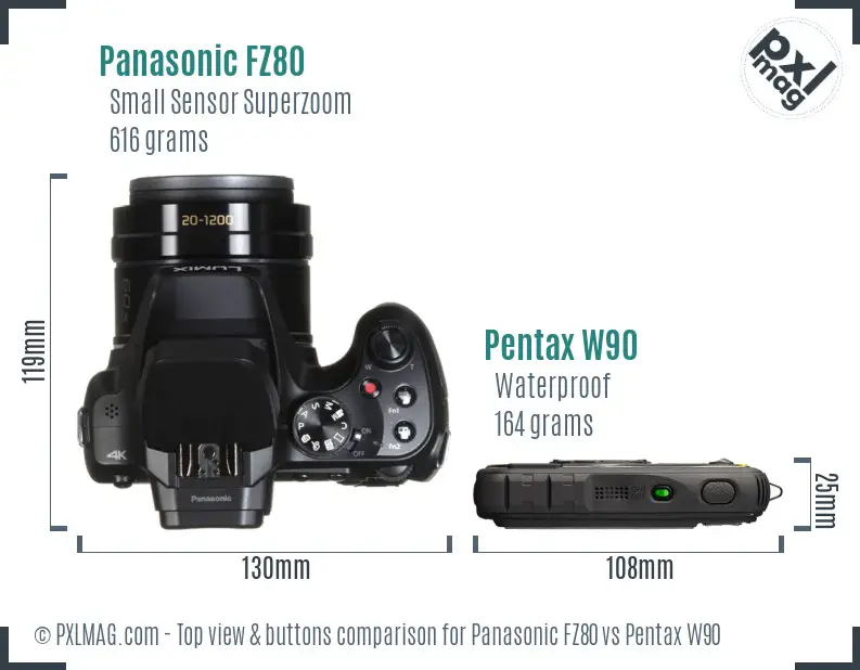 Panasonic FZ80 vs Pentax W90 top view buttons comparison