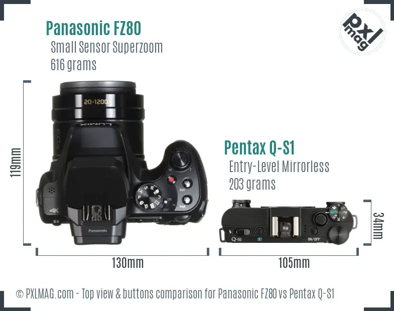 Panasonic FZ80 vs Pentax Q-S1 top view buttons comparison