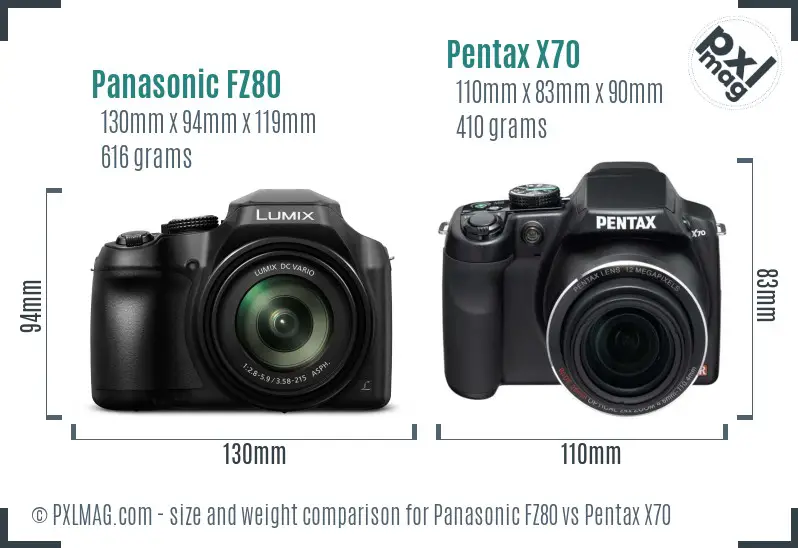 Panasonic FZ80 vs Pentax X70 size comparison