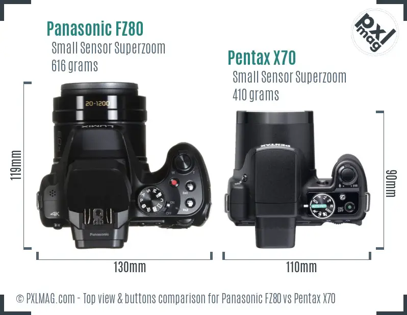 Panasonic FZ80 vs Pentax X70 top view buttons comparison