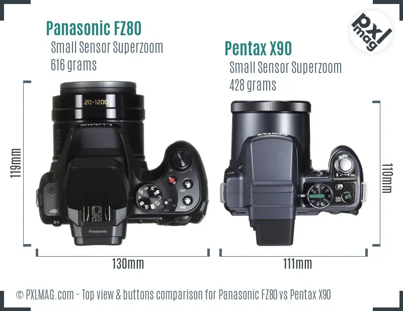 Panasonic FZ80 vs Pentax X90 top view buttons comparison