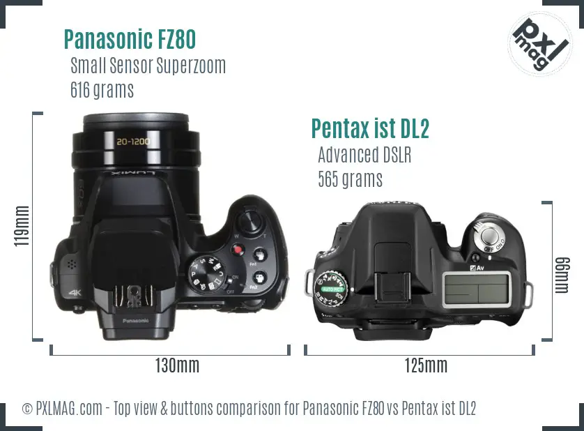 Panasonic FZ80 vs Pentax ist DL2 top view buttons comparison