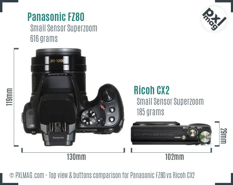 Panasonic FZ80 vs Ricoh CX2 top view buttons comparison