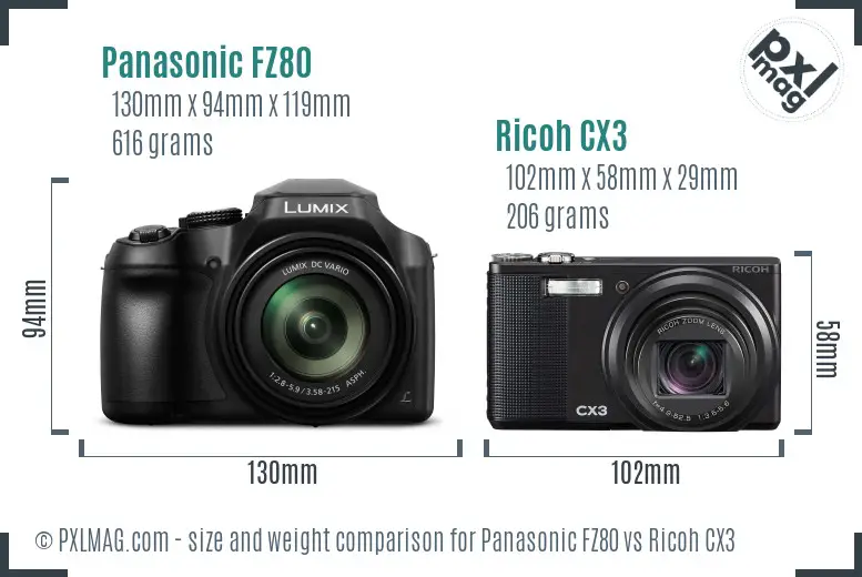 Panasonic FZ80 vs Ricoh CX3 size comparison