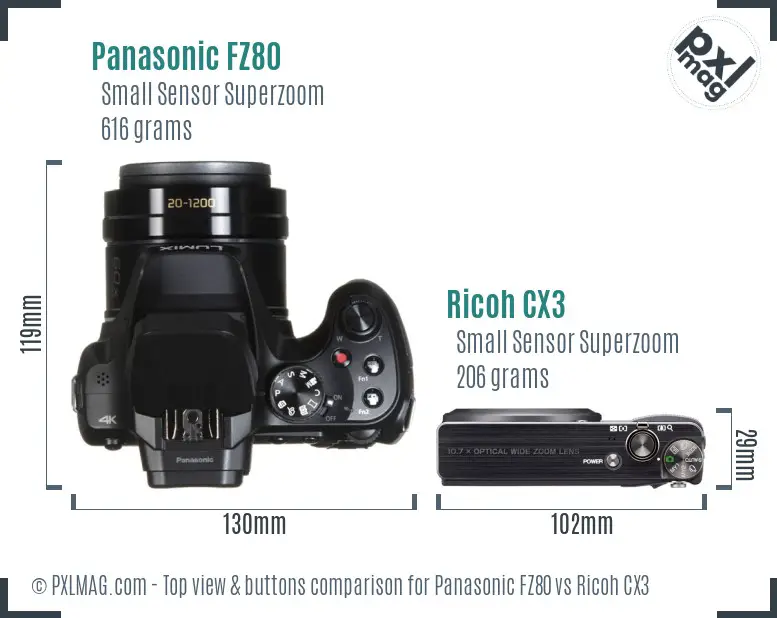 Panasonic FZ80 vs Ricoh CX3 top view buttons comparison
