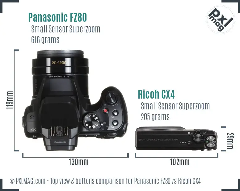Panasonic FZ80 vs Ricoh CX4 top view buttons comparison