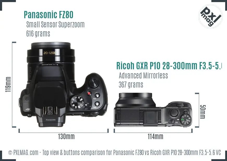 Panasonic FZ80 vs Ricoh GXR P10 28-300mm F3.5-5.6 VC top view buttons comparison