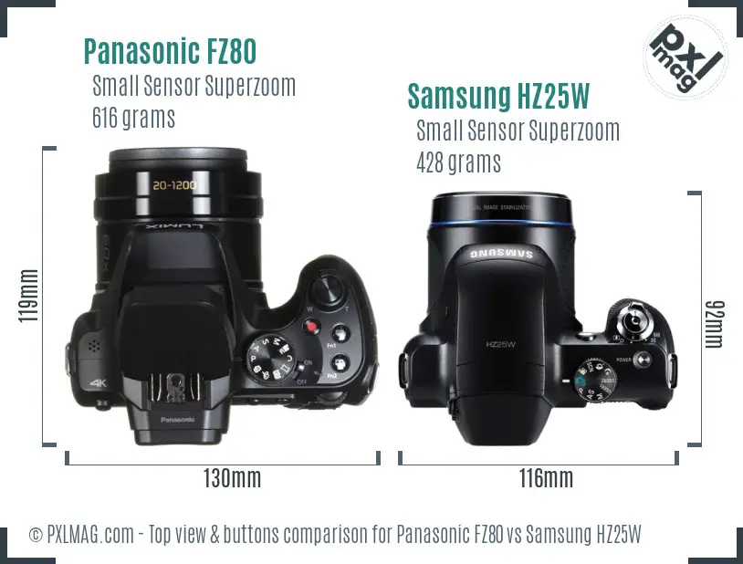 Panasonic FZ80 vs Samsung HZ25W top view buttons comparison Panasonic FZ80 vs Samsung HZ25W top view buttons comparison