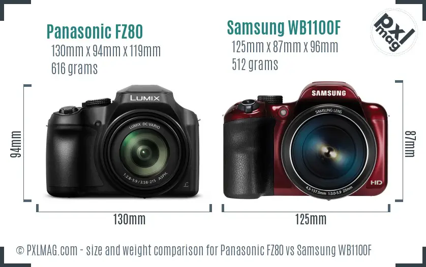 Panasonic FZ80 vs Samsung WB1100F size comparison