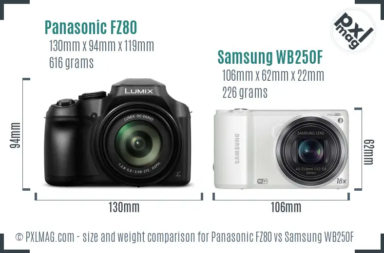 Panasonic FZ80 vs Samsung WB250F size comparison