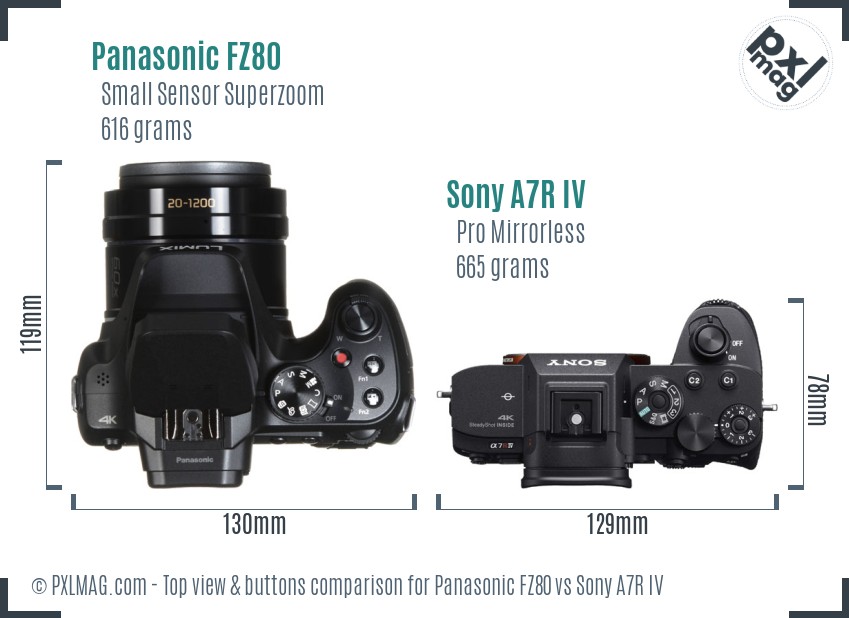 Panasonic FZ80 vs Sony A7R IV top view buttons comparison