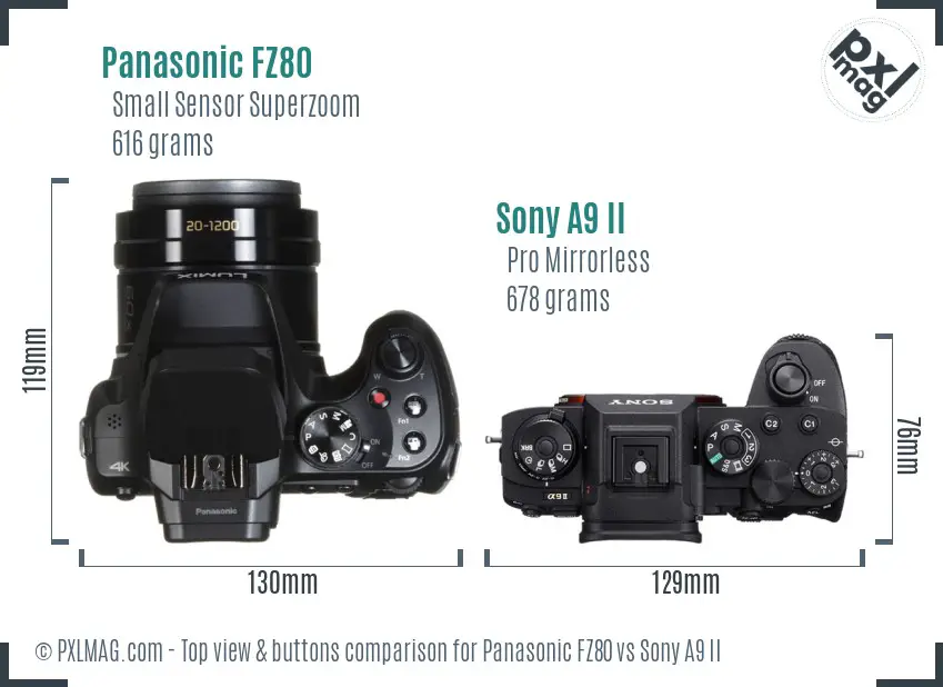 Panasonic FZ80 vs Sony A9 II top view buttons comparison Panasonic FZ80 vs Sony A9 II top view buttons comparison
