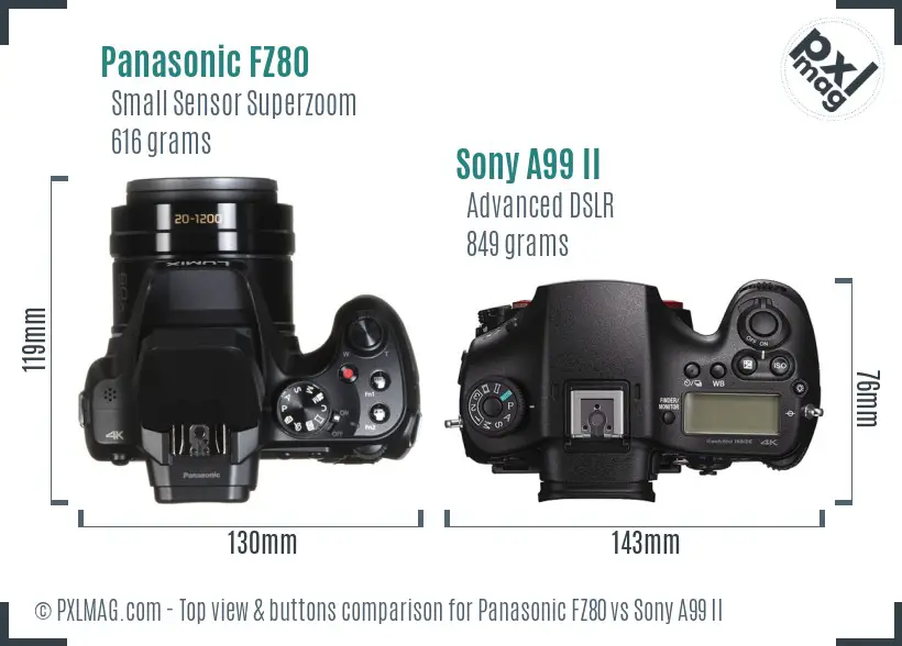 Panasonic FZ80 vs Sony A99 II top view buttons comparison Panasonic FZ80 vs Sony A99 II top view buttons comparison