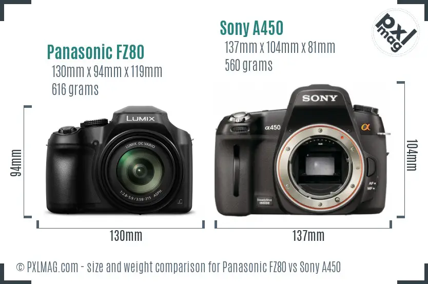 Panasonic FZ80 vs Sony A450 size comparison