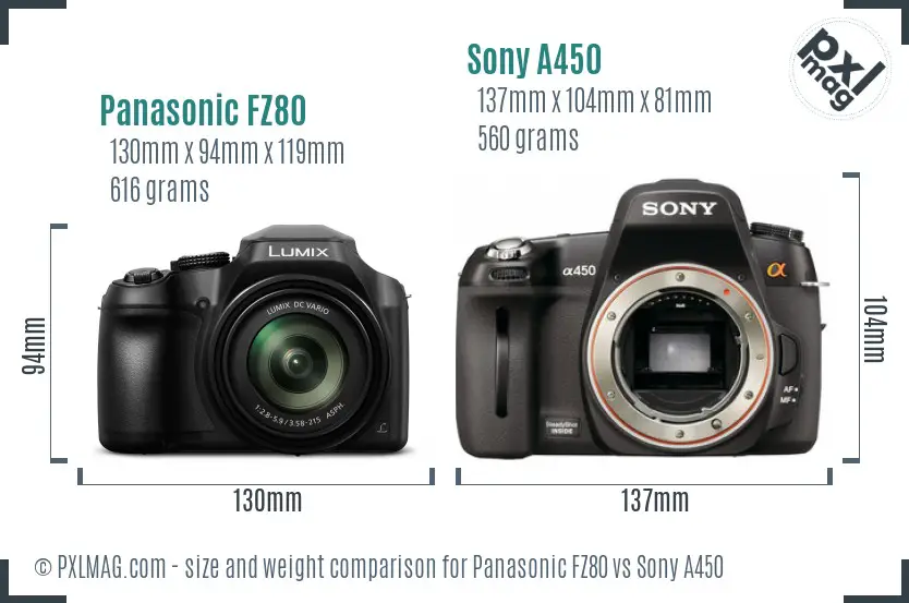 Panasonic FZ80 vs Sony A450 size comparison Panasonic FZ80 vs Sony A450 size comparison