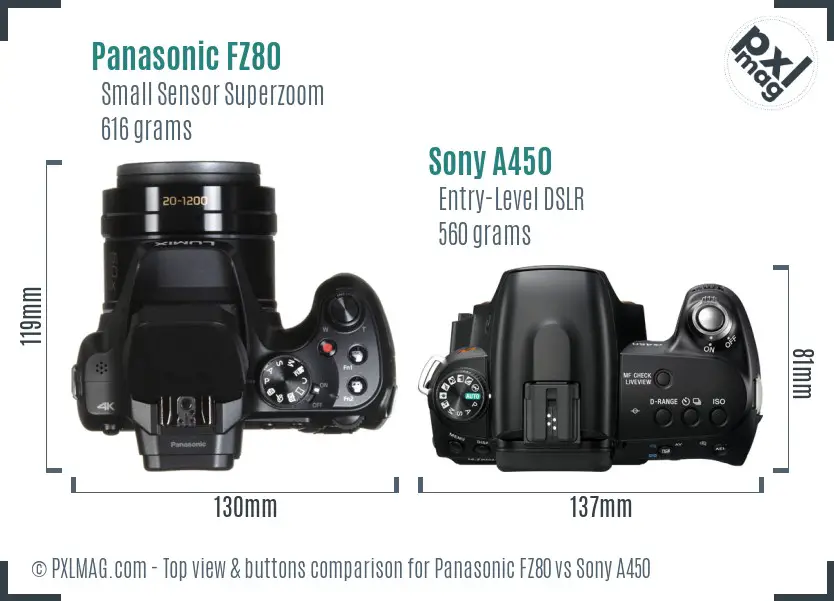 Panasonic FZ80 vs Sony A450 top view buttons comparison