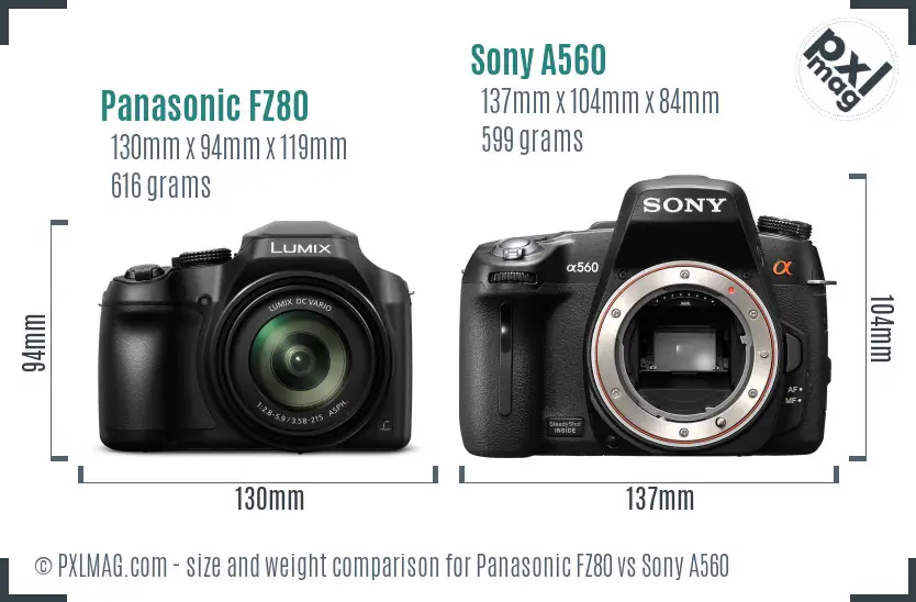 Panasonic FZ80 vs Sony A560 size comparison