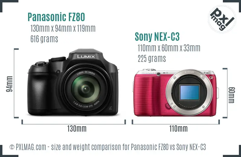 Panasonic FZ80 vs Sony NEX-C3 size comparison
