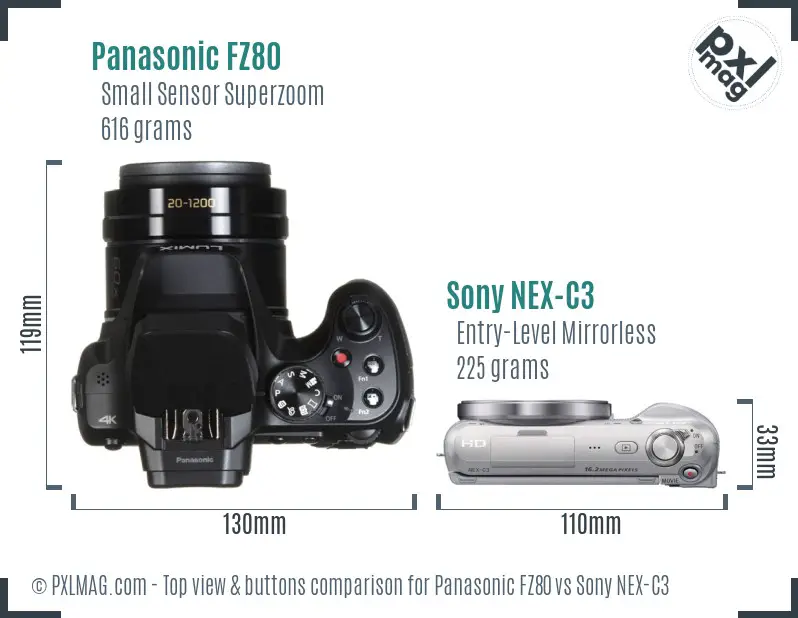 Panasonic FZ80 vs Sony NEX-C3 top view buttons comparison