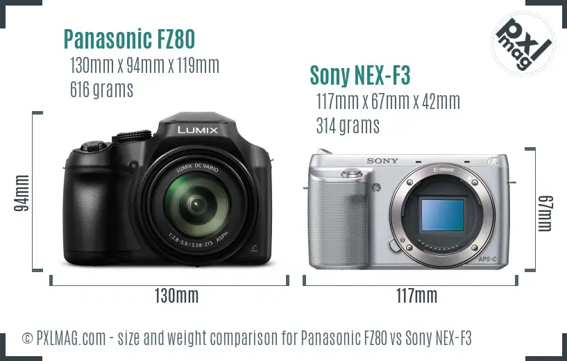 Panasonic FZ80 vs Sony NEX-F3 size comparison Panasonic FZ80 vs Sony NEX-F3 size comparison
