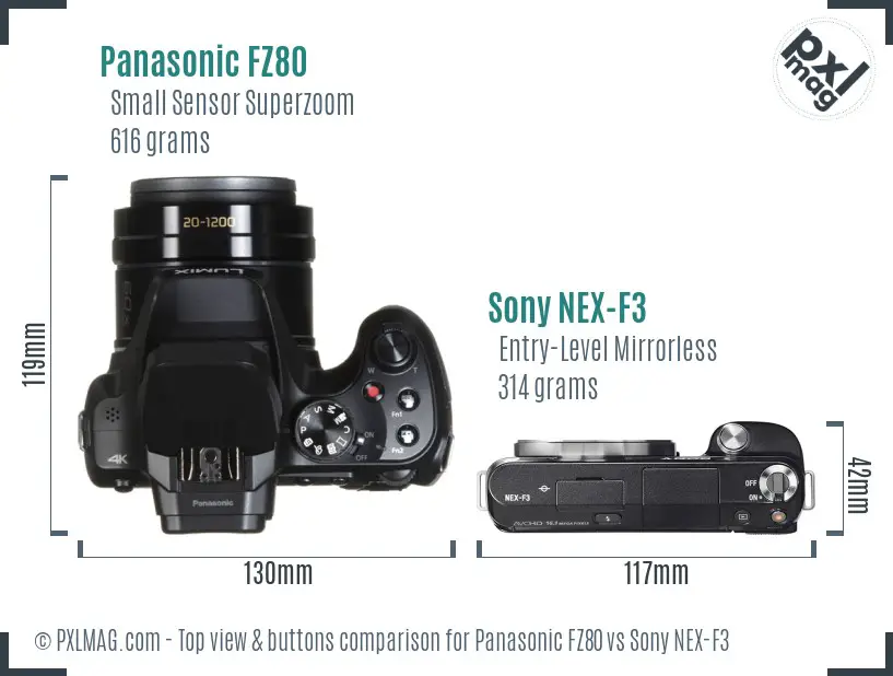 Panasonic FZ80 vs Sony NEX-F3 top view buttons comparison Panasonic FZ80 vs Sony NEX-F3 top view buttons comparison