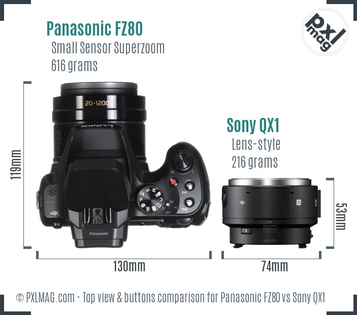 Panasonic FZ80 vs Sony QX1 top view buttons comparison