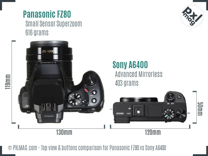 Panasonic FZ80 vs Sony A6400 top view buttons comparison Panasonic FZ80 vs Sony A6400 top view buttons comparison