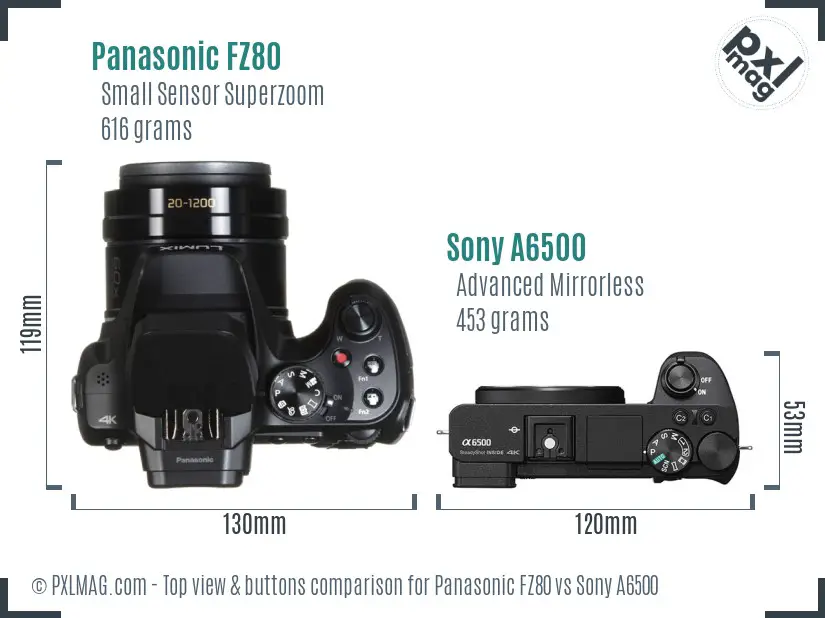 Panasonic FZ80 vs Sony A6500 top view buttons comparison