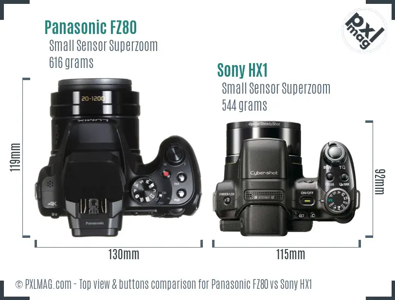 Panasonic FZ80 vs Sony HX1 top view buttons comparison