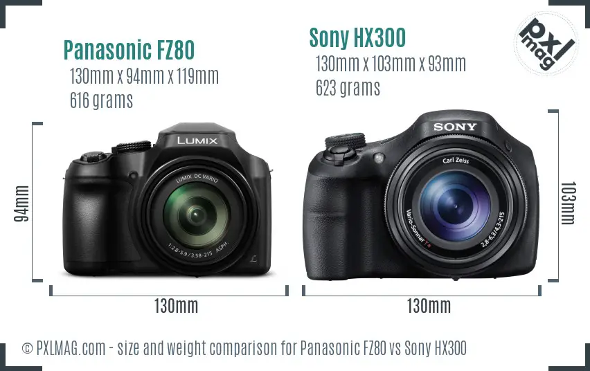 Panasonic FZ80 vs Sony HX300 size comparison