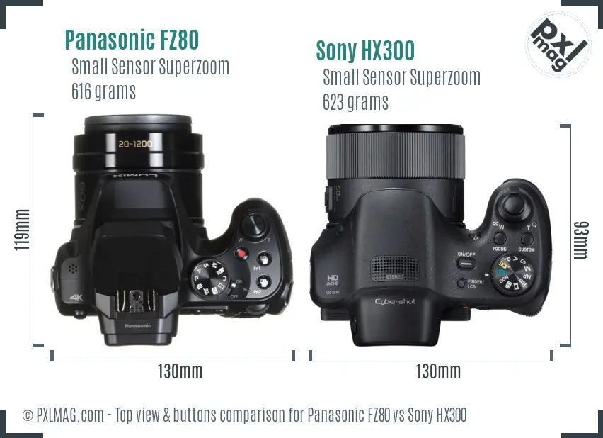 Panasonic FZ80 vs Sony HX300 top view buttons comparison