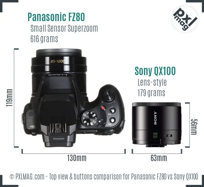 Panasonic FZ80 vs Sony QX100 top view buttons comparison