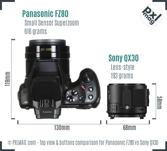 Panasonic FZ80 vs Sony QX30 top view buttons comparison