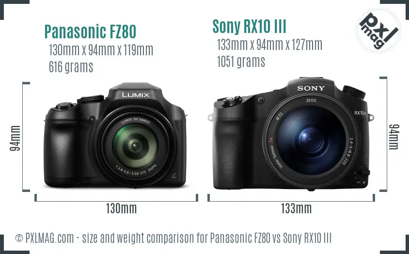 Panasonic FZ80 vs Sony RX10 III size comparison