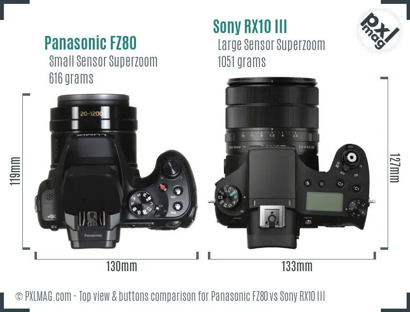 Panasonic FZ80 vs Sony RX10 III top view buttons comparison