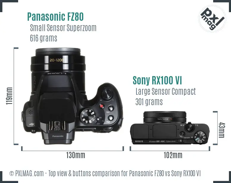 Panasonic FZ80 vs Sony RX100 VI top view buttons comparison