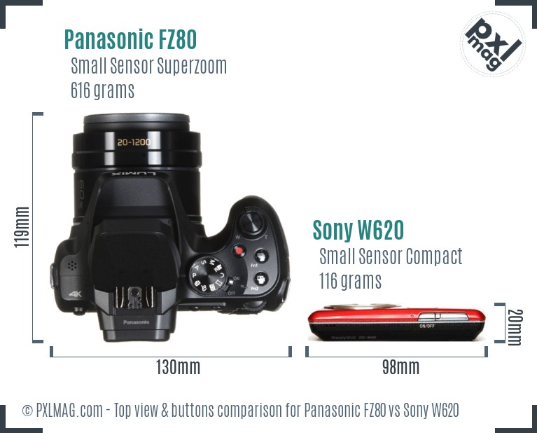 Panasonic FZ80 vs Sony W620 top view buttons comparison