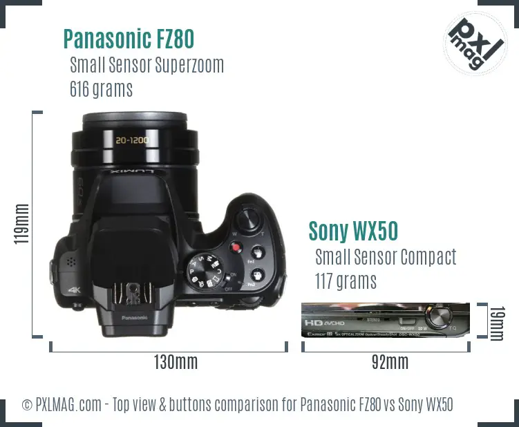 Panasonic FZ80 vs Sony WX50 top view buttons comparison