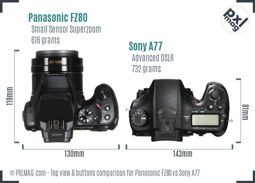 Panasonic FZ80 vs Sony A77 top view buttons comparison