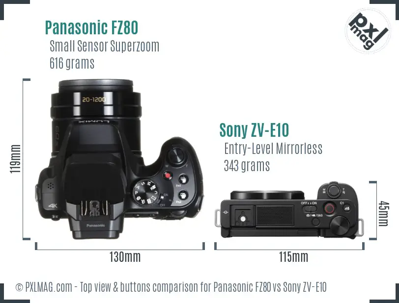 Panasonic FZ80 vs Sony ZV-E10 top view buttons comparison