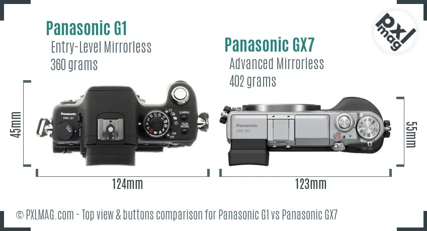 Panasonic G1 vs Panasonic GX7 top view buttons comparison