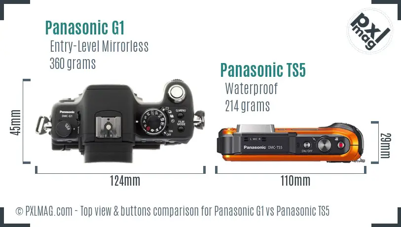 Panasonic G1 vs Panasonic TS5 top view buttons comparison