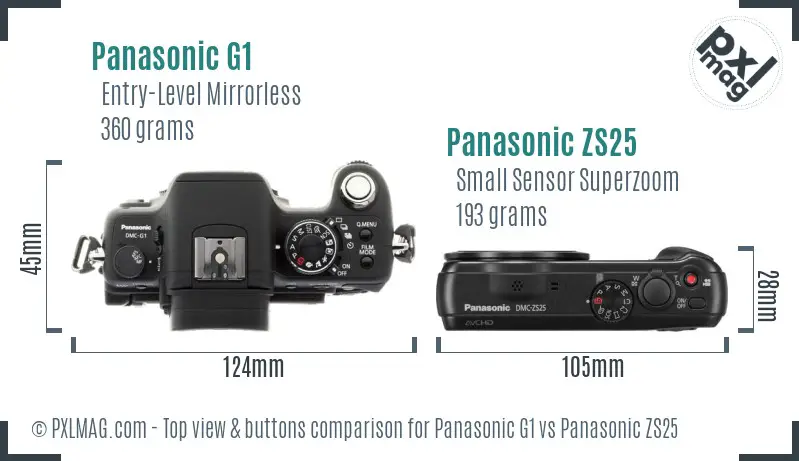 Panasonic G1 vs Panasonic ZS25 top view buttons comparison