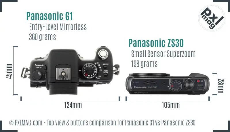 Panasonic G1 vs Panasonic ZS30 top view buttons comparison